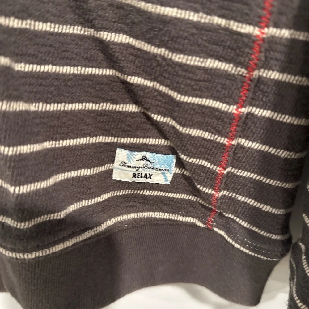 Tommy Bahama Relax Men’s Large Brown Striped Cotton Pullover Quarter Button 🌴🤎